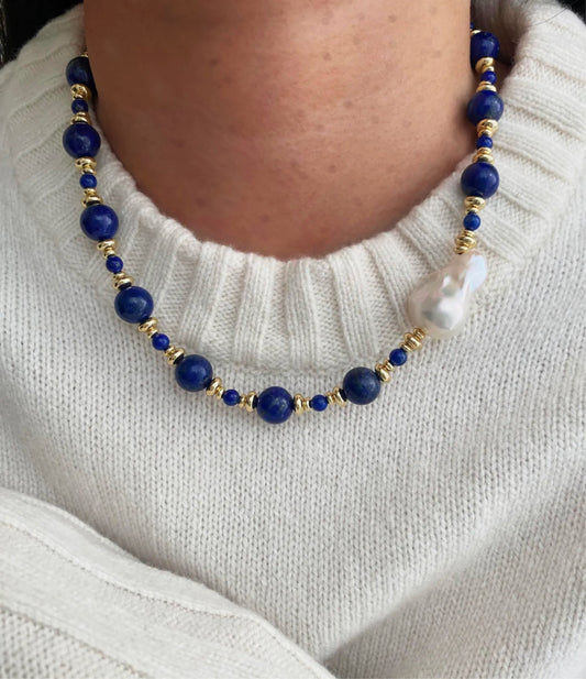 Ocean Dreams Blue Lapis Lazuli and Baroque Pearl Necklace